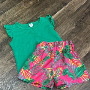 Green Top and Tropical Print Shorts Set